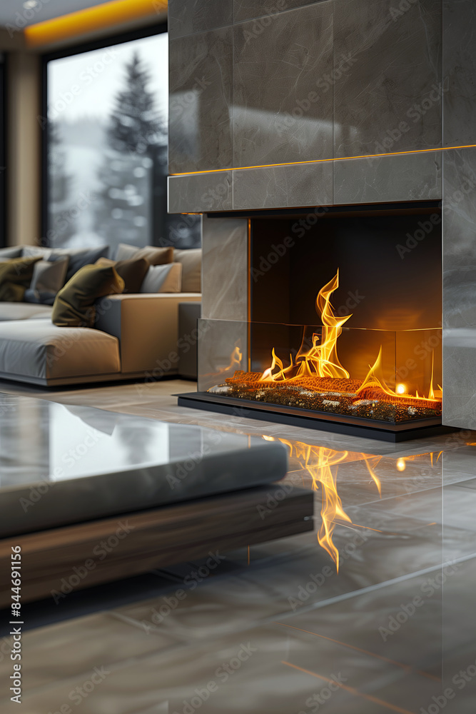Minimalist style fireplace with burning fire in modern interior. Minimalist style fireplace with burning fire in modern interior.