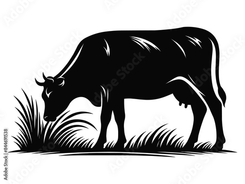 Black silhouette of domestic cow grass eating on a white background vector illustration