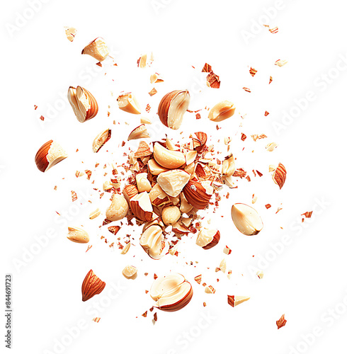 Hazelnuts exploding, scattering nuts with visible texture.