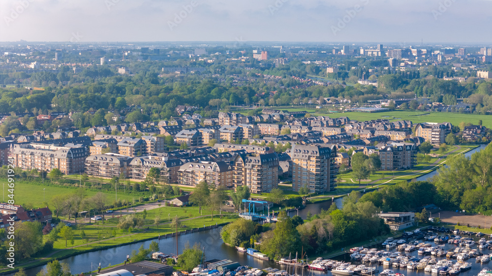 Fototapeta premium Aerial drone photo of a residential neighbourhood with luxury apartment buildings in Voorschoten, the Netherlands.