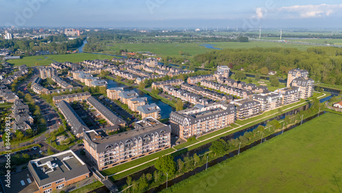 Aerial drone photo of a residential neighbourhood with luxury apartment buildings in Voorschoten, the Netherlands.