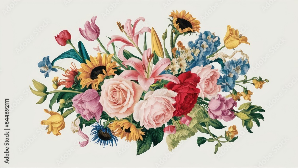 A stunning and vibrant set of diverse beautiful flowers, masterfully arranged on a white background A stunning and vibrant set of diverse beautiful flowers, masterfully arranged on a white background