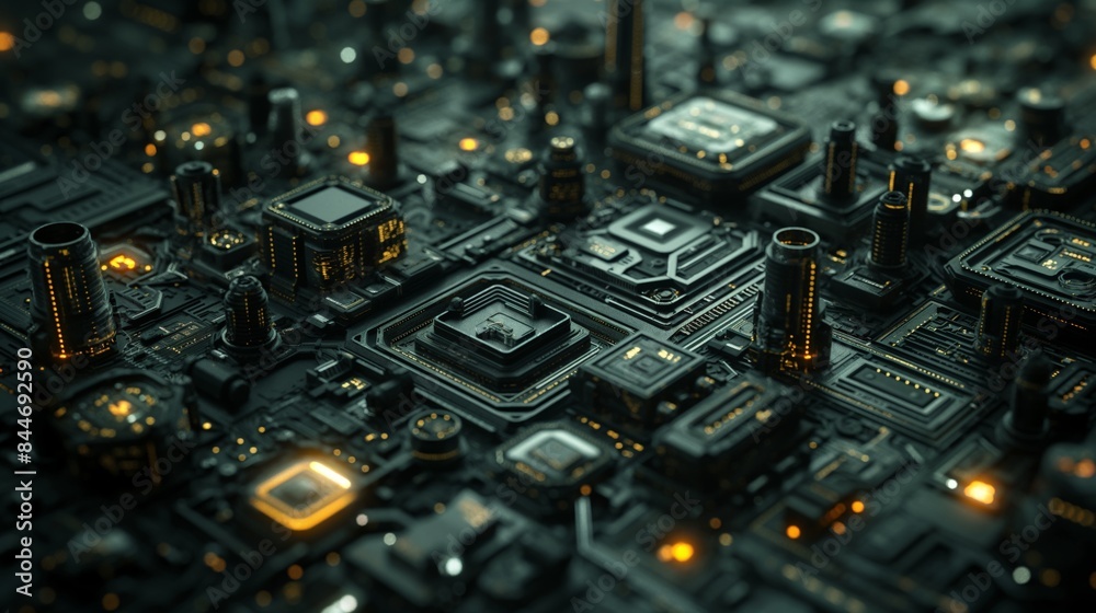 Circuit board CPU graphic card chip wafer semiconductor silicon high tech advanced technology computer black motherboard glowing electrocircuit close up shot Circuit board CPU graphic card chip wafer semiconductor silicon high tech advanced technology computer black motherboard glowing electrocircuit close up shot