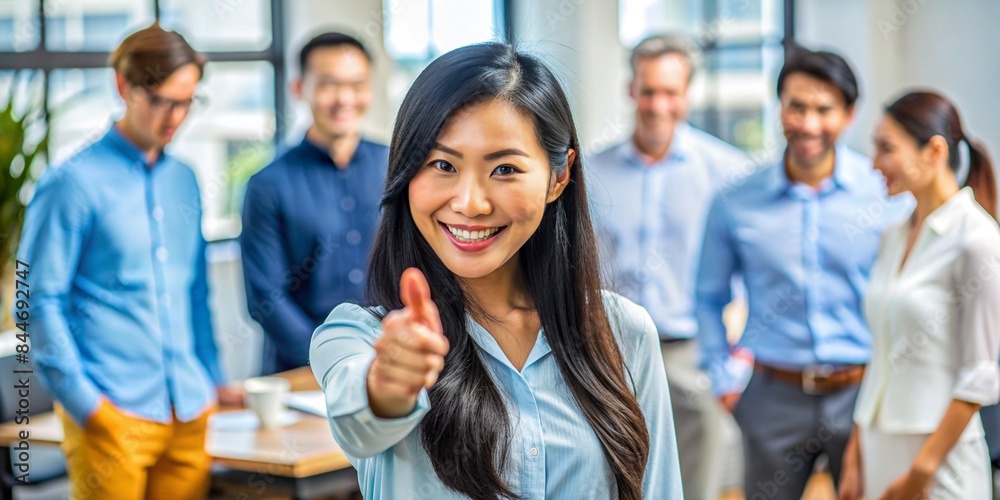Confident Asian Businesswoman Giving Thumbs Up in Modern Office with Colleagues in Background Confident Asian Businesswoman Giving Thumbs Up in Modern Office with Colleagues in Background