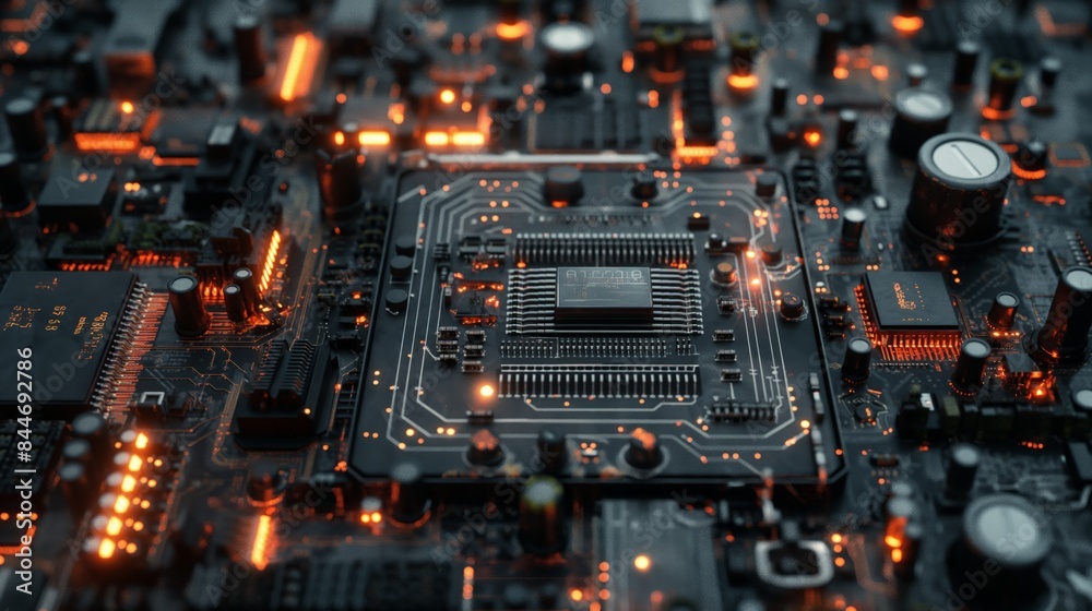 Circuit board CPU graphic card chip wafer semiconductor silicon high tech advanced technology computer motherboard yellow orange glowing electrocircuit close up shot Circuit board CPU graphic card chip wafer semiconductor silicon high tech advanced technology computer motherboard yellow orange glowing electrocircuit close up shot