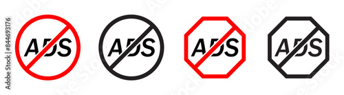 No ads. Ads blocker icon set with different color. Ad blocker symbol. Skip ads, free, advertisement, use for apps, red, black and blue crossed circle.