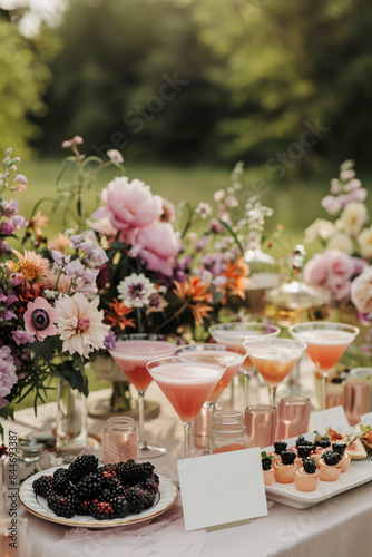 Various desserts  berries and coctails on a beautifully decorated table with a large bouquet of various flowers in a vase