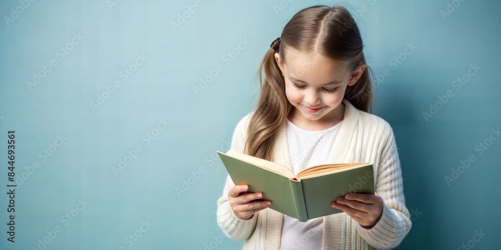 Happy young girl reading a book, smiling child enjoying literature, learning and education concept Happy young girl reading a book, smiling child enjoying literature, learning and education concept