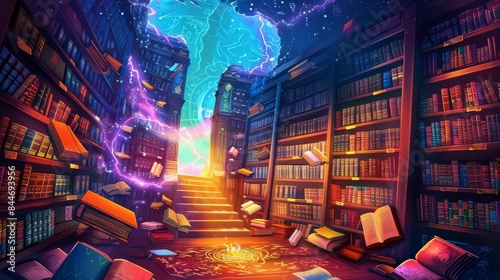 A magical library where books of legends float and whisper their tales, Enigmatic, Vibrant colors, Illustration, Enchanted knowledge