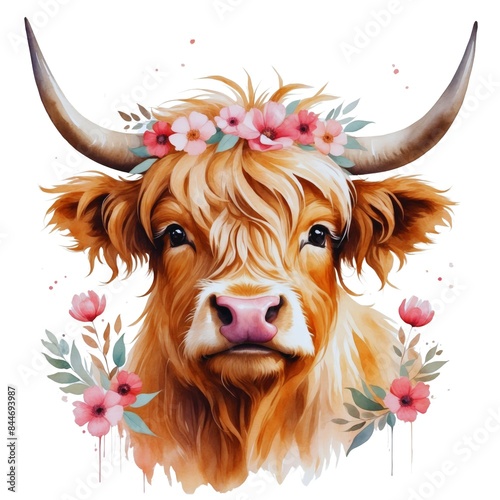 Watercolor illustration portrait of a cute adorable highland cow with flowers on isolated white background.	
