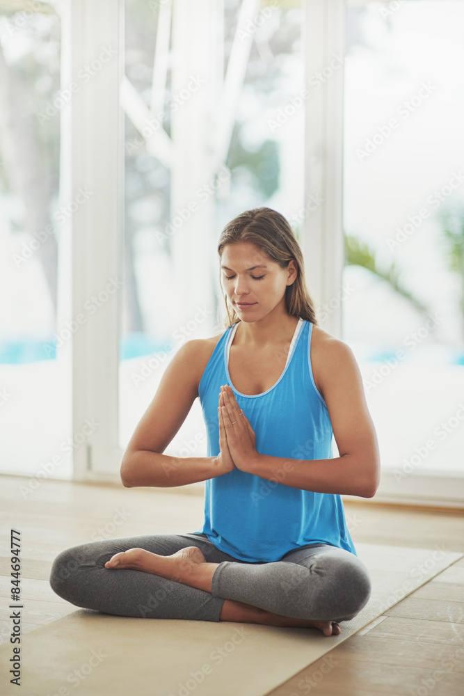 Woman, meditation and yoga for peace, calm and holistic wellness with zen, health and spiritual healing at home. Person on floor with praying hands or namaste for mindfulness, faith and chakra energy Woman, meditation and yoga for peace, calm and holistic wellness with zen, health and spiritual healing at home. Person on floor with praying hands or namaste for mindfulness, faith and chakra energy