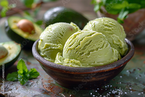 Avocado Ice Cream: Creamy and dairy-free ice cream made with ripe avocado, coconut milk, and sweetened with maple syrup or honey. photo