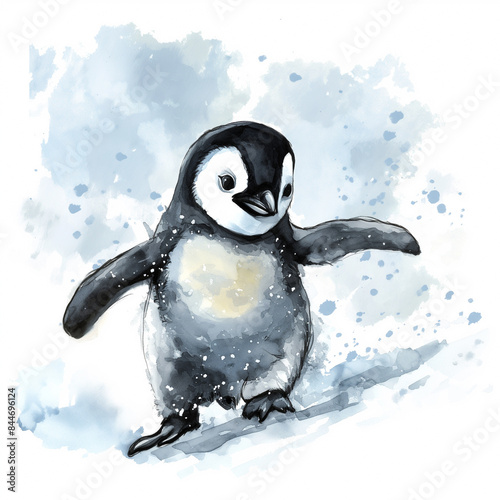 Baby penguin sliding down an icy slope, cute ink watercolor illustration isolated on a white background 