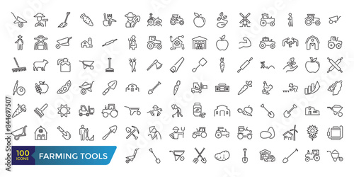 Farming Tools Line Icons Set.  Collection and pack of linear web and ui icons. Vector illustration