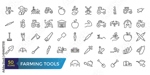 Farming Tools Line Icons Set.  Collection and pack of linear web and ui icons. Vector illustration