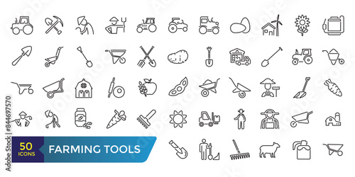 Farming Tools Line Icons Set.  Collection and pack of linear web and ui icons. Vector illustration