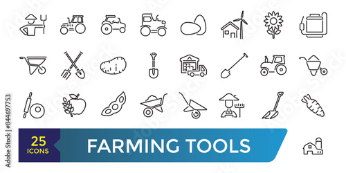 Farming Tools Line Icons Set.  Collection and pack of linear web and ui icons. Vector illustration