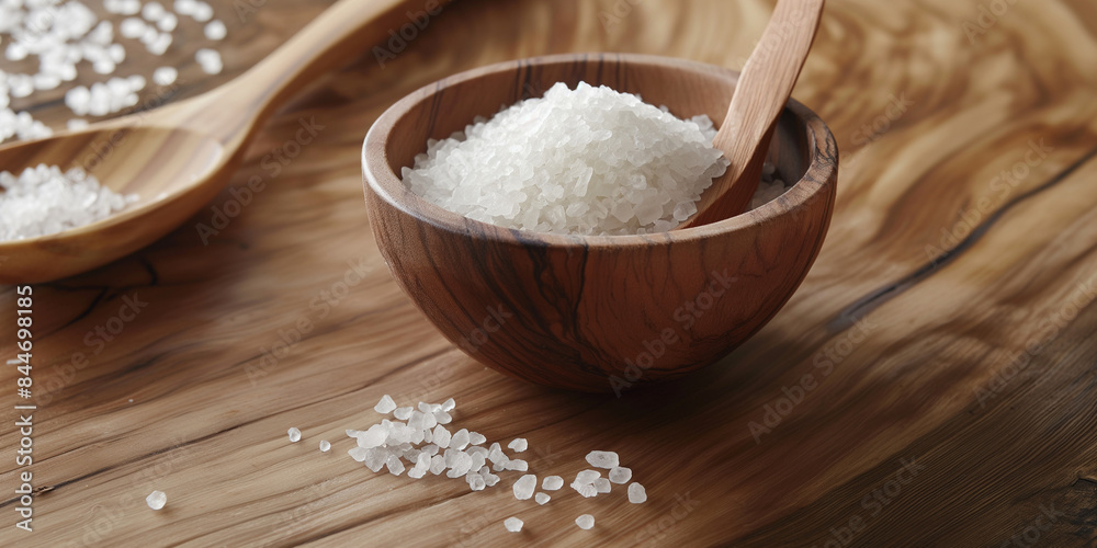A small wooden bowl filled with coarse sea salt sits on a clean, wooden textured table. A wooden spoon lies next to the bowl, with a few grains of salt scattered around. Food shooting