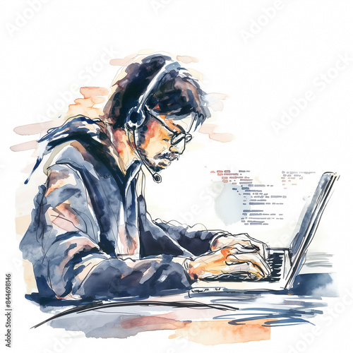 Developer coding AI algorithm on a laptop for predictive analytics in business, cute ink watercolor illustration isolated on a white background 