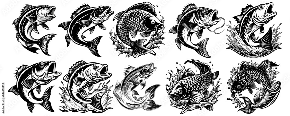 Set of black and white of largemouth bass fish fishing vector Set of black and white of largemouth bass fish fishing vector