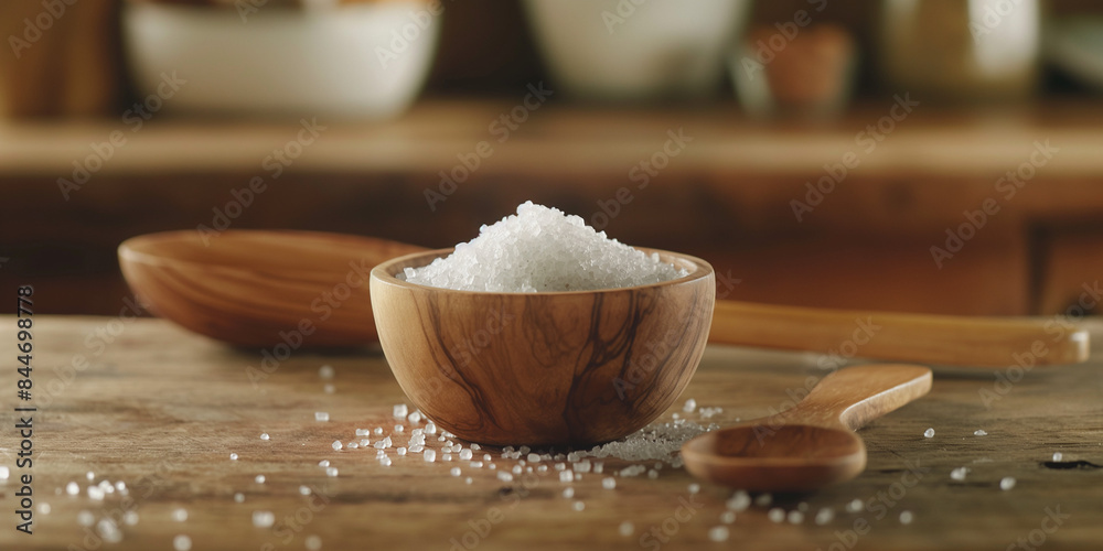 A small wooden bowl filled with coarse sea salt sits on a clean, wooden textured table. A wooden spoon lies next to the bowl, with a few grains of salt scattered around. Food shooting