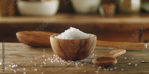 Obraz na płótnie A small wooden bowl filled with coarse sea salt sits on a clean, wooden textured table. A wooden spoon lies next to the bowl, with a few grains of salt scattered around. Food shooting w salonie