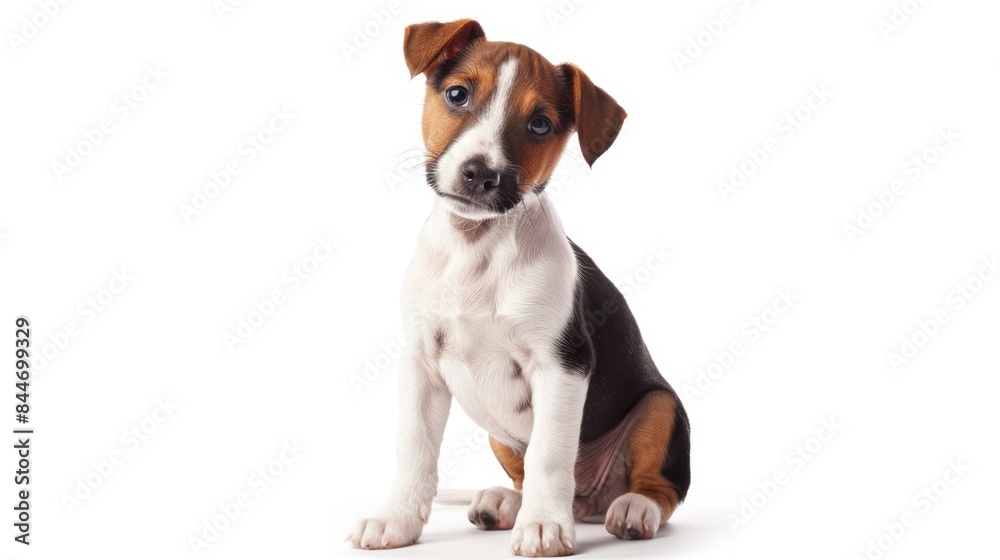 Smart puppy with white backdrop forward facing Sitting smooth fox terrier in studio isolation Smart puppy with white backdrop forward facing Sitting smooth fox terrier in studio isolation