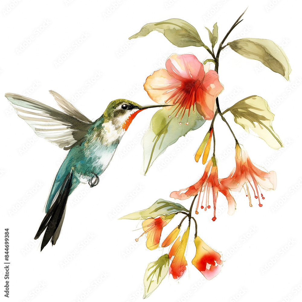 Obraz premium Hummingbird sipping nectar from a blooming flower, cute ink watercolor illustration isolated on a white background 
