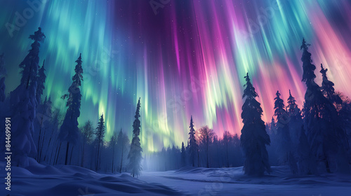 Majestic aurora borealis dancing over a snow-covered forest with colorful light streaks 