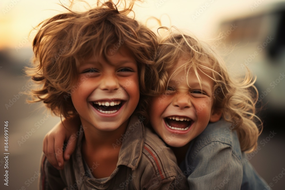 Cheerful Happy two kid smiling faces. Closeup photo face of cute guys. Generate Ai Cheerful Happy two kid smiling faces. Closeup photo face of cute guys. Generate Ai