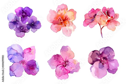 Vibrant Watercolor Spring Flower Blossom Collection with Grungy Texture Aquarelle on White Background