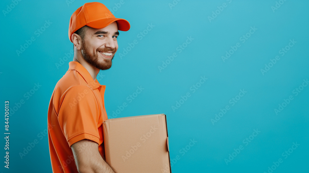 Half-body HDR image of a smiling courier in orange uniform carrying a cardboard box against a bright blue background, isolated on the right. Depicts efficient delivery services and customer Half-body HDR image of a smiling courier in orange uniform carrying a cardboard box against a bright blue background, isolated on the right. Depicts efficient delivery services and customer