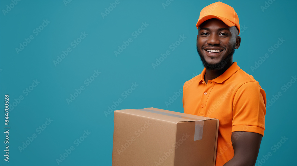 Half-body HDR image of a smiling courier in orange uniform carrying a cardboard box against a bright blue background, isolated on the right. Depicts efficient delivery services and customer