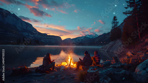 Campfire Under a Starry Sky by a Mountain Lake