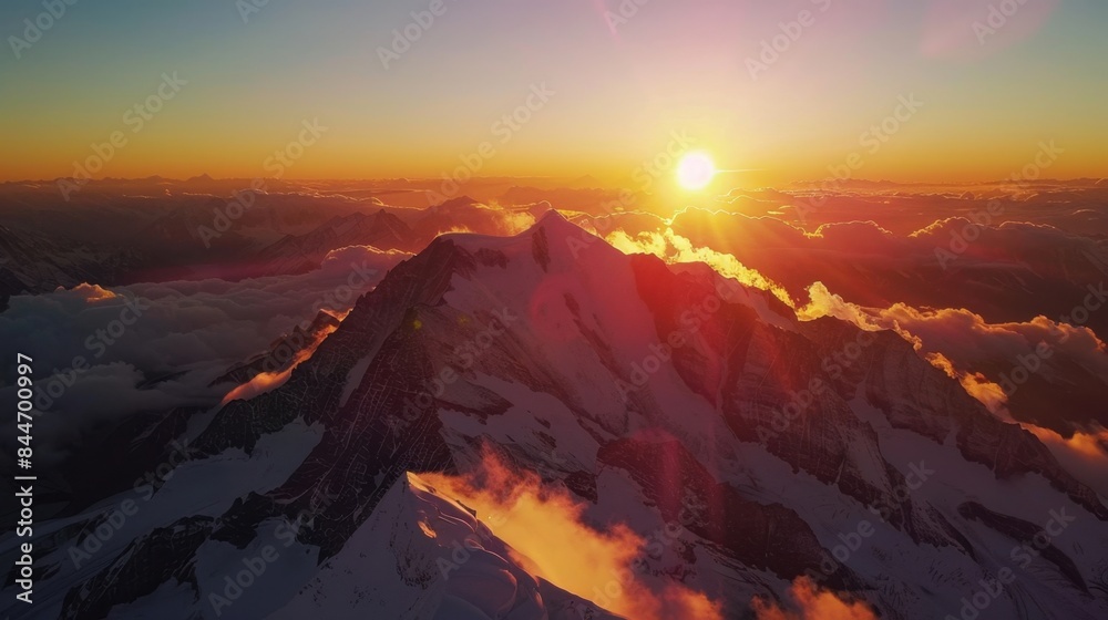 Aerial view of a stunning sunset over mountain peaks. Majestic and serene. --ar 16:9 --style raw Job ID: cebc21ec-0ef5-4941-ae4d-8d40a35a5b74