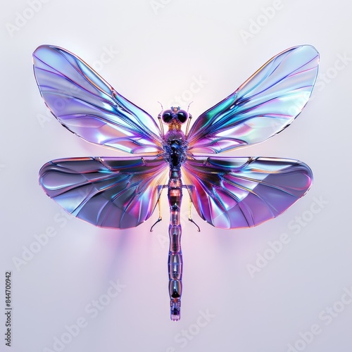 3d rendered smokey glass dragonrfly in white background, the dragonfly is bright and vibrant, The light is bright and has a purple hue. Job ID: 6d8248af-aa93-4e4e-980c-7a260d418f83 photo