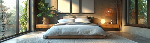 Cozy modern bedroom beige tones soft bedding minimalist decor three framed artworks above bed warm natural lighting photo