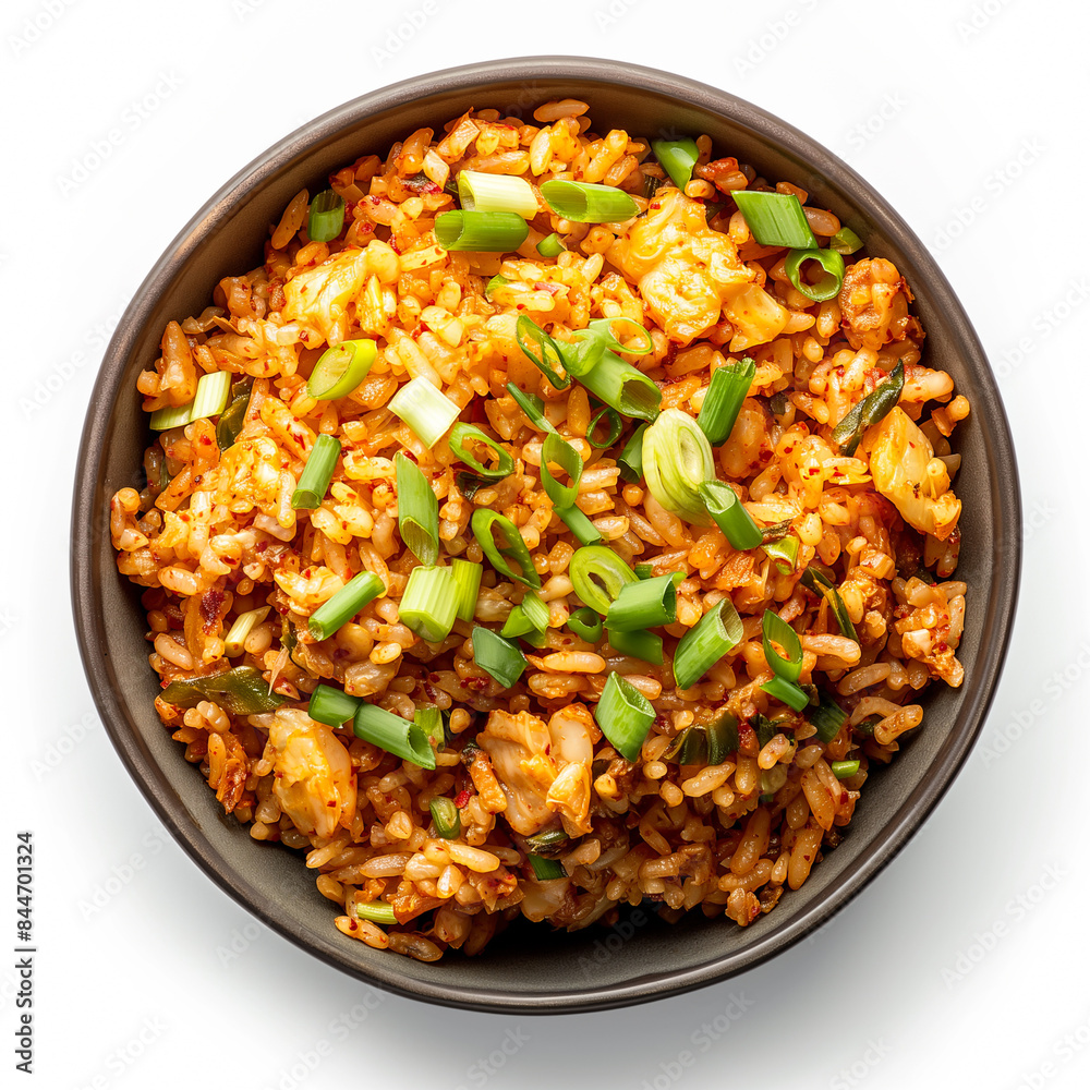 Spicy vegan kimchi fried rice with scallions, isolated on a white background Spicy vegan kimchi fried rice with scallions, isolated on a white background