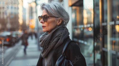 Fashionable senior woman with silver hair confidently walking down a city street. Empowering and stylish. --ar 16:9 --style raw Job ID: b0cd0f55-d7bb-4ab6-b9a2-e4c5c4a02e02