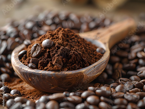 Eine Nahaufnahme eines hölzernen Löffels, der mit Kaffeepulver gefüllt ist, und im Hintergrund sind Kaffeebohnen zu sehen.