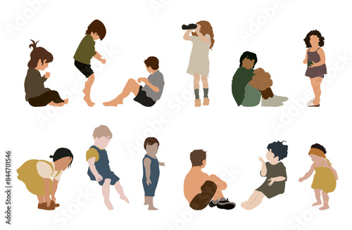 12 colored silhouettes of children in a flat style