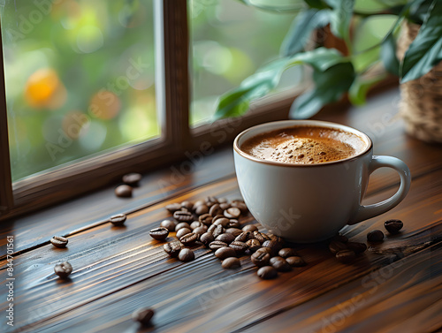 Eine weiße Tasse Kaffee mit cremigem Schaum oben drauf, die auf einer Holzoberfläche mit Kaffeebohnen drum herum steht.