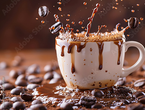 Eine Tasse Kaffee, aus der Kaffeebohnen heraussprudeln und eine dramatische Kaffeefontäne erzeugen.