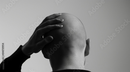 A man is seen from behind, with his hand on the back of their head holding hair that has fallen out due to baldness. The background should be plain white and gray for easy integration into various 