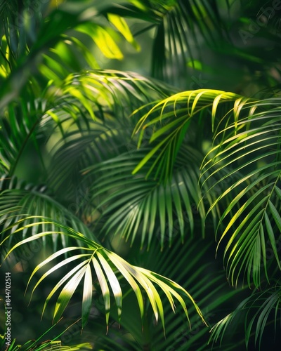 Palm leaves with intricate details, lush green, natural sunlight, tropical environment
