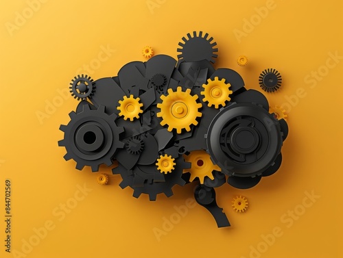 Paper brain with gears on yellow background, minimalist, high contrast, digital art, representing artificial intelligence photo