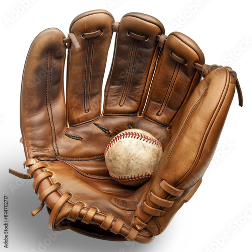 A classic brown leather baseball glove with a worn baseball placed inside | Isolated on Transparent & White Background | PNG File with Transparency photo