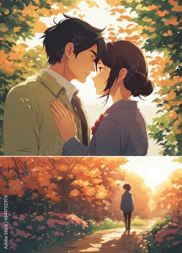 illustration of a boy falling in love with a girl. cartoon and anime style