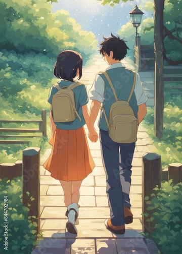 illustration of a boy falling in love with a girl. cartoon and anime style