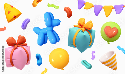 Collection colorful of objects party-themed for anniversary and birthday. Set of festive decorative design elements for party in realistic 3d cartoon style. vector illustration